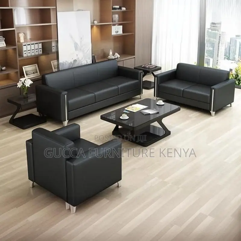 Sofas:5-Seat Simple Stylish Black Leather Office Sofa