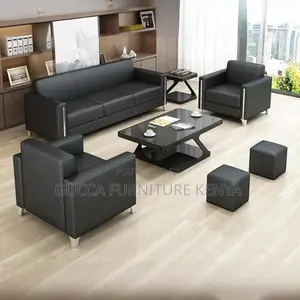 Sofas:5-Seat Simple Stylish Black Leather Office Sofa