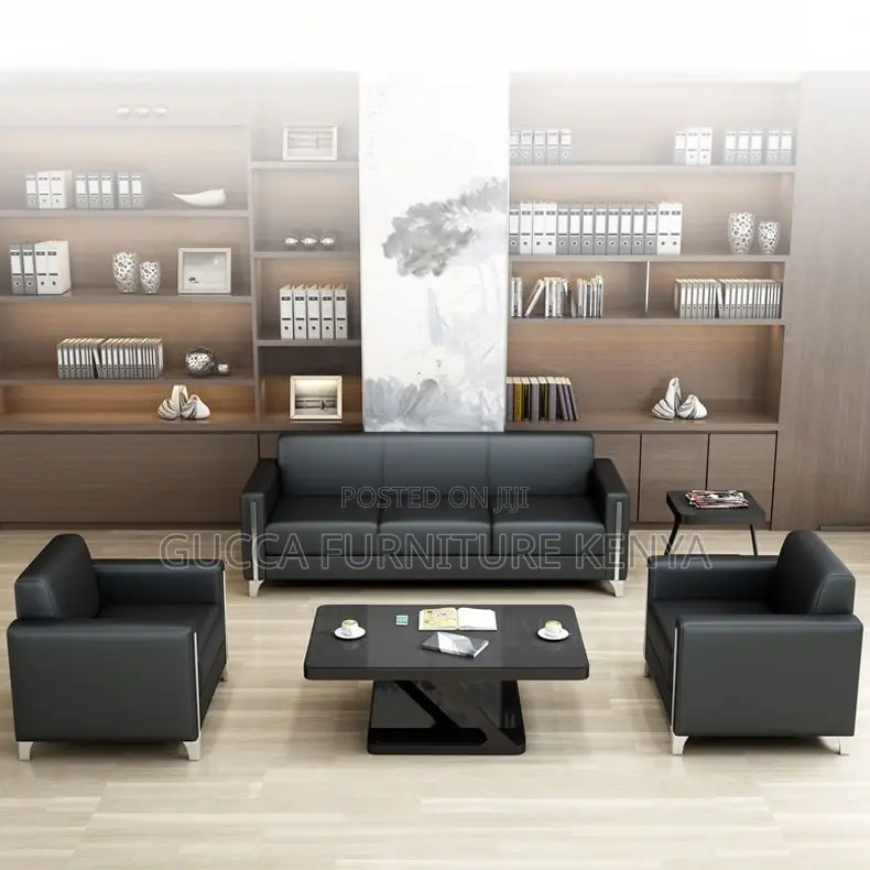 Sofas:5-Seat Simple Stylish Black Leather Office Sofa