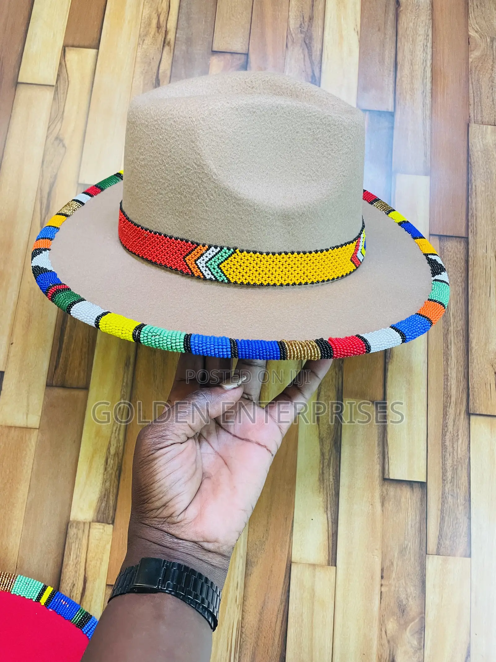 Beige Fashionable Beaded Fedora Hat