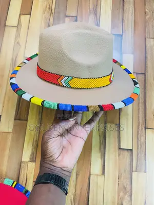 Beige Fashionable Beaded Fedora Hat