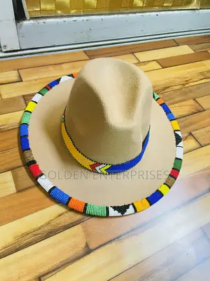 Beige Fashionable Beaded Fedora Hat