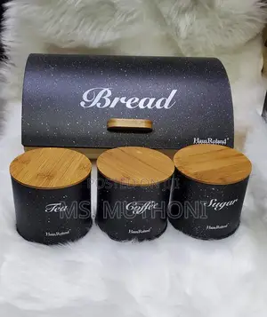 BREAD STORAGE BIN WOODEN SUPPORT With 3 PCS Tea Canisters