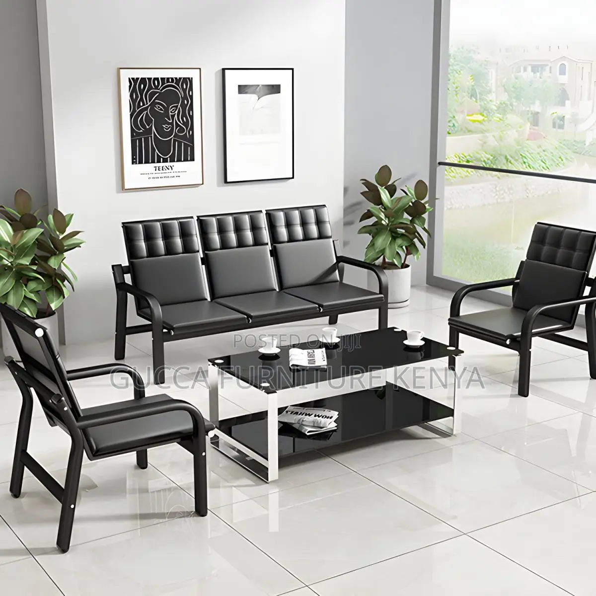 Sofas: Leather Simple Silver Metal Frame Reception Sofa