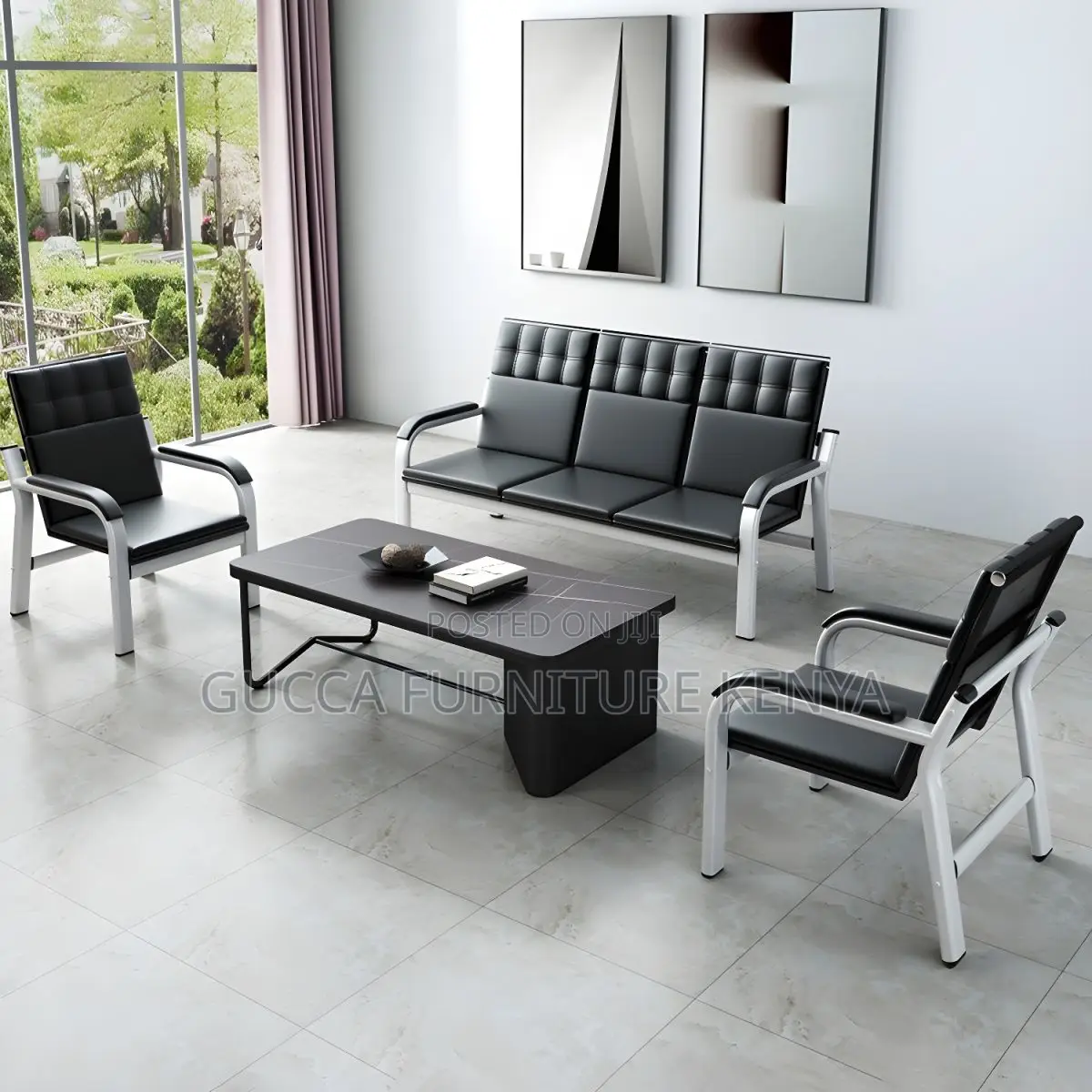 Sofas: Leather Simple Silver Metal Frame Reception Sofa
