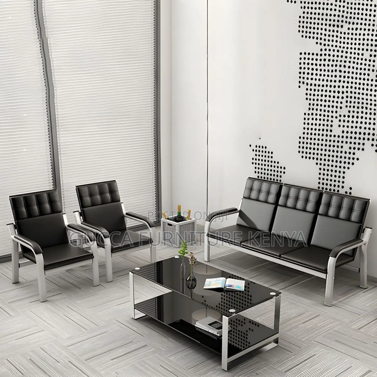 Sofas: Leather Simple Silver Metal Frame Reception Sofa