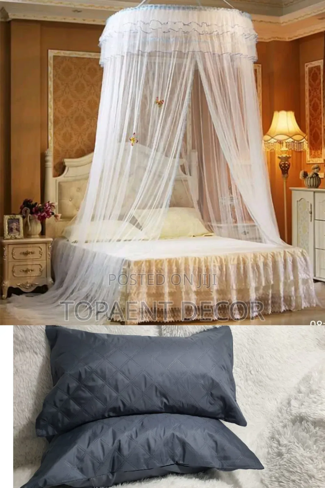 Round Mosquito Net and Grey Pillow Protectors