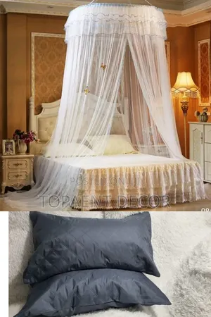 Round Mosquito Net and Grey Pillow Protectors