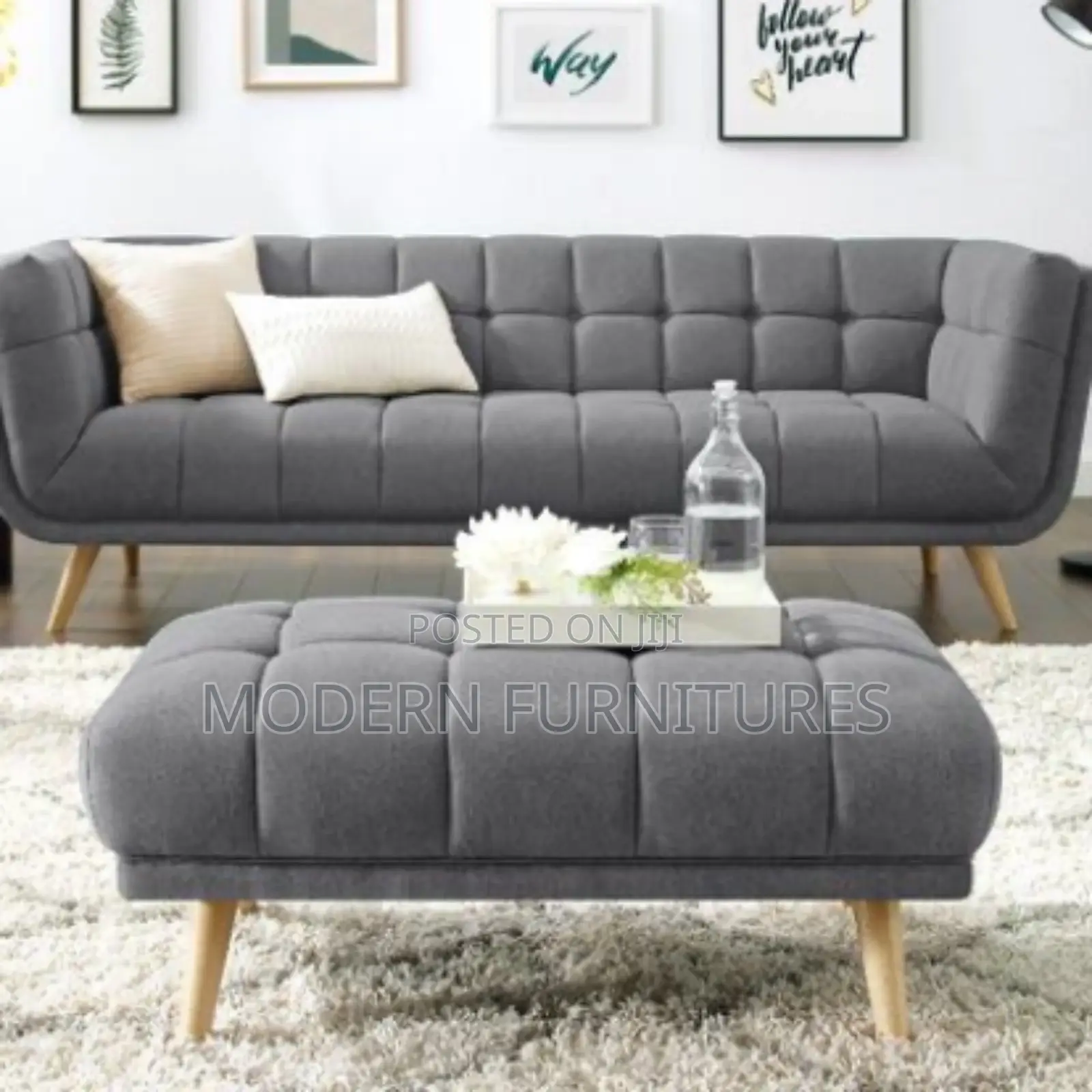 Tufted 3 Seater Sofa With A Puff
