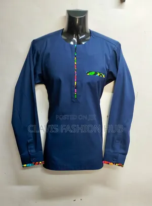 Navy Blue Shirt With Minimal Kitenge