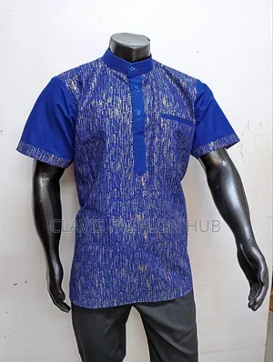Blue Kitenge Short Sleeved Shirt With Chinese Collar