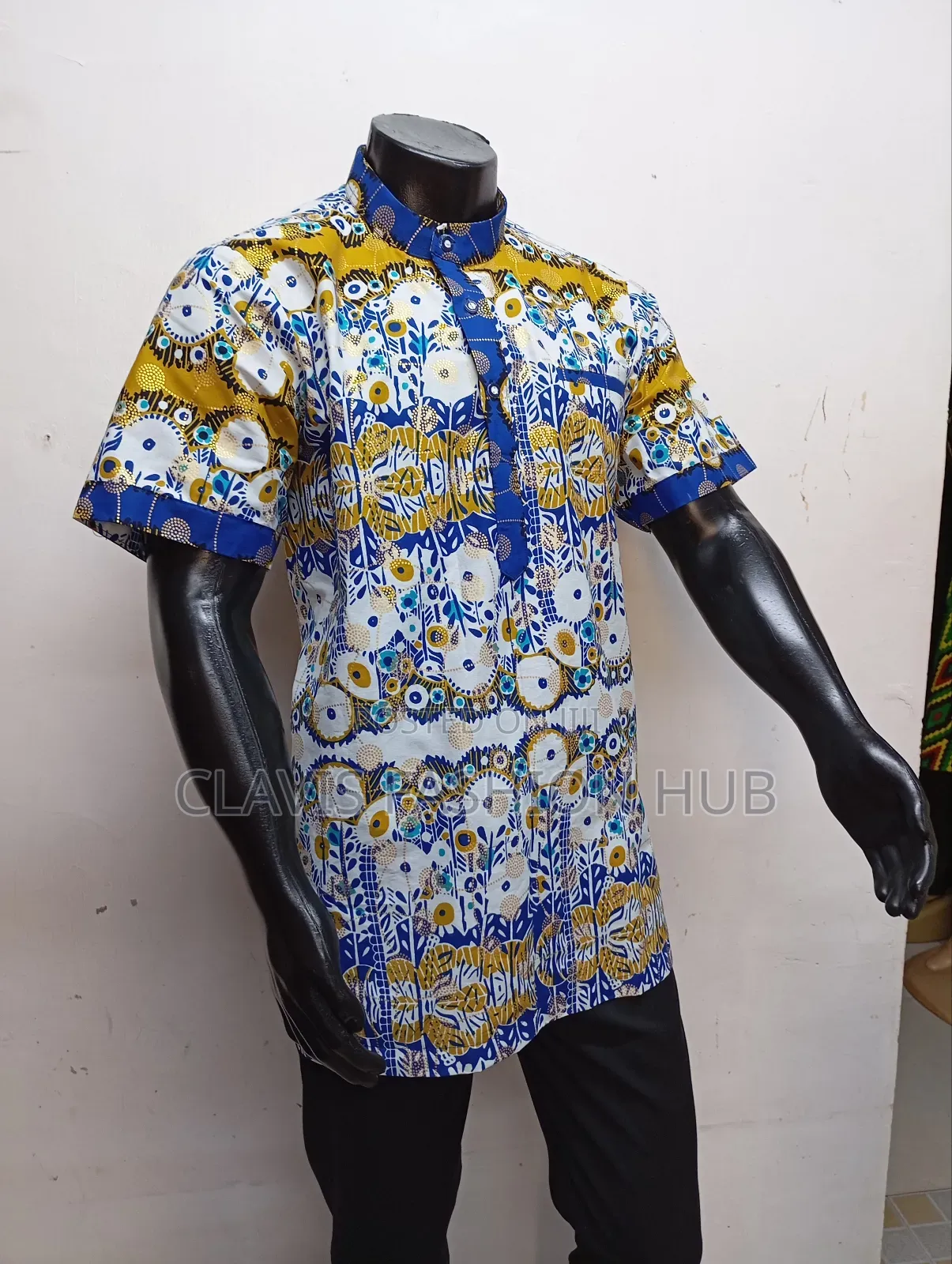 White Kitenge Shirt With Chinese Collar