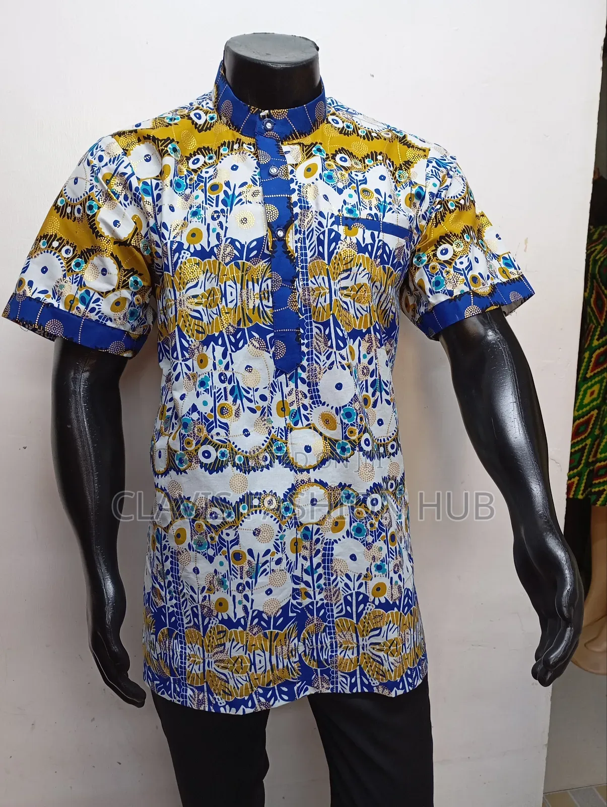 White Kitenge Shirt With Chinese Collar
