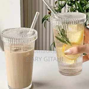 375ml Simple Stripe Glass Cup With Lid and Straw **