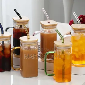 Square Smoothie Glass Cup With Bamboo Lid +Handle