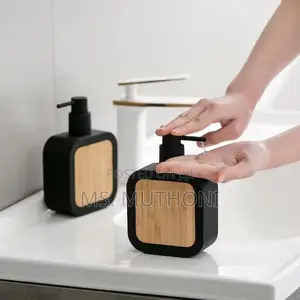Square Plastic Soap Dispenser With Bamboo Accent Pump.