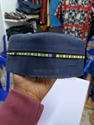 Navy Blue Round Cap With Ankara Decorations