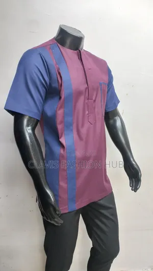 Maroon and Blue Short Sleeves African Shirt Ready Made