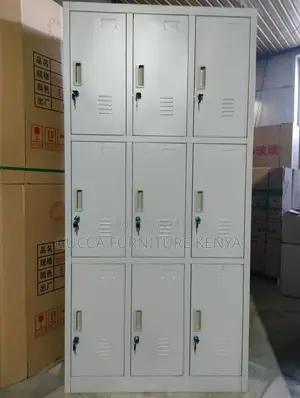 Cabinets: Metallic Vertical Nine-Door Locker Storage Unit