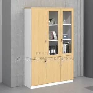 Cabinets:3-Door Natural Finish Glass Front Office Cabinet