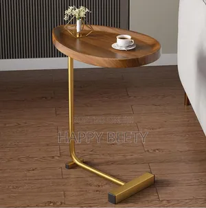 Minimalist C-Shaped Wooden Table, Golden Frame Side Table