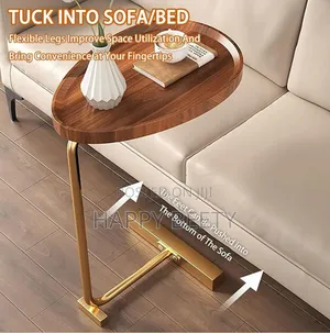Minimalist C-Shaped Wooden Table, Golden Frame Side Table