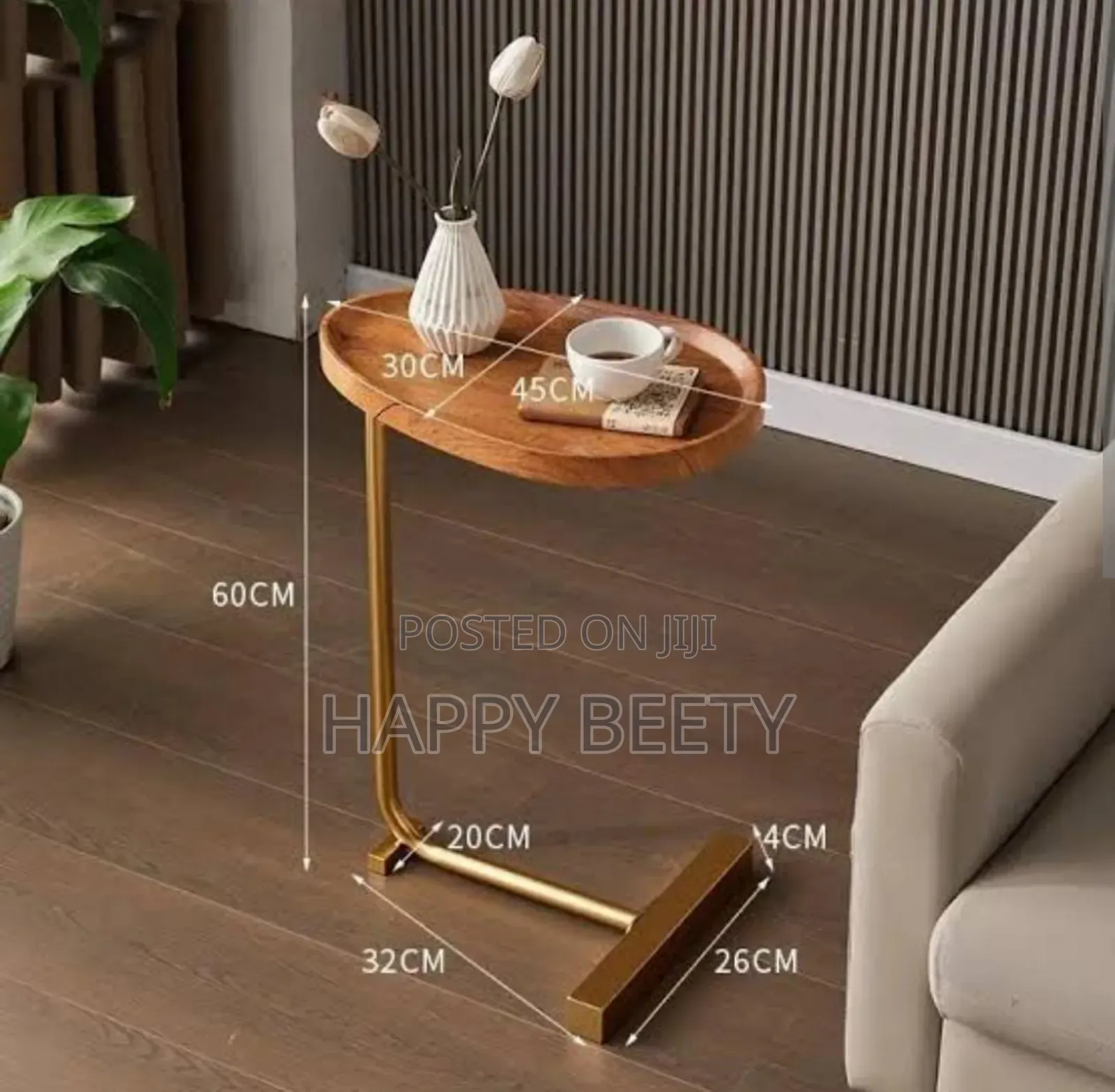 Minimalist C-Shaped Wooden Table, Golden Frame Side Table