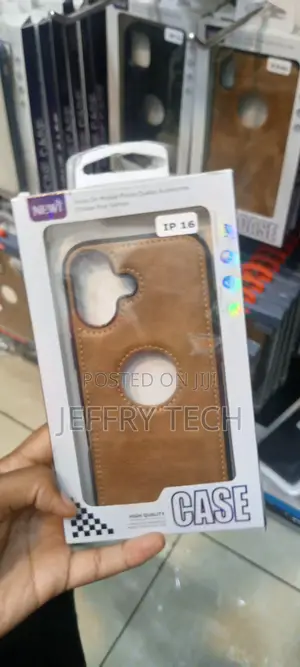 Leather Logo Cut for iPhone 16 Shockproof Brown Back Case