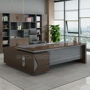 Office Tables:180cm Brown L-Shape Pedestal Executive Desk