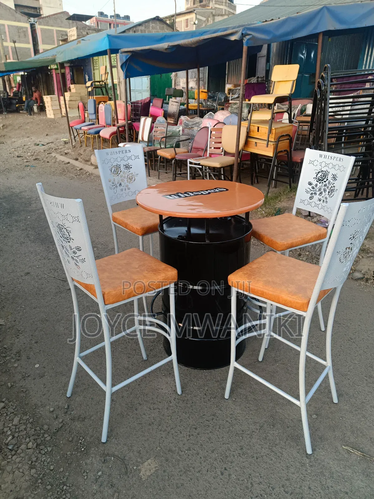 Unique Bar Set of White Coated Chairs and a Drum Table 