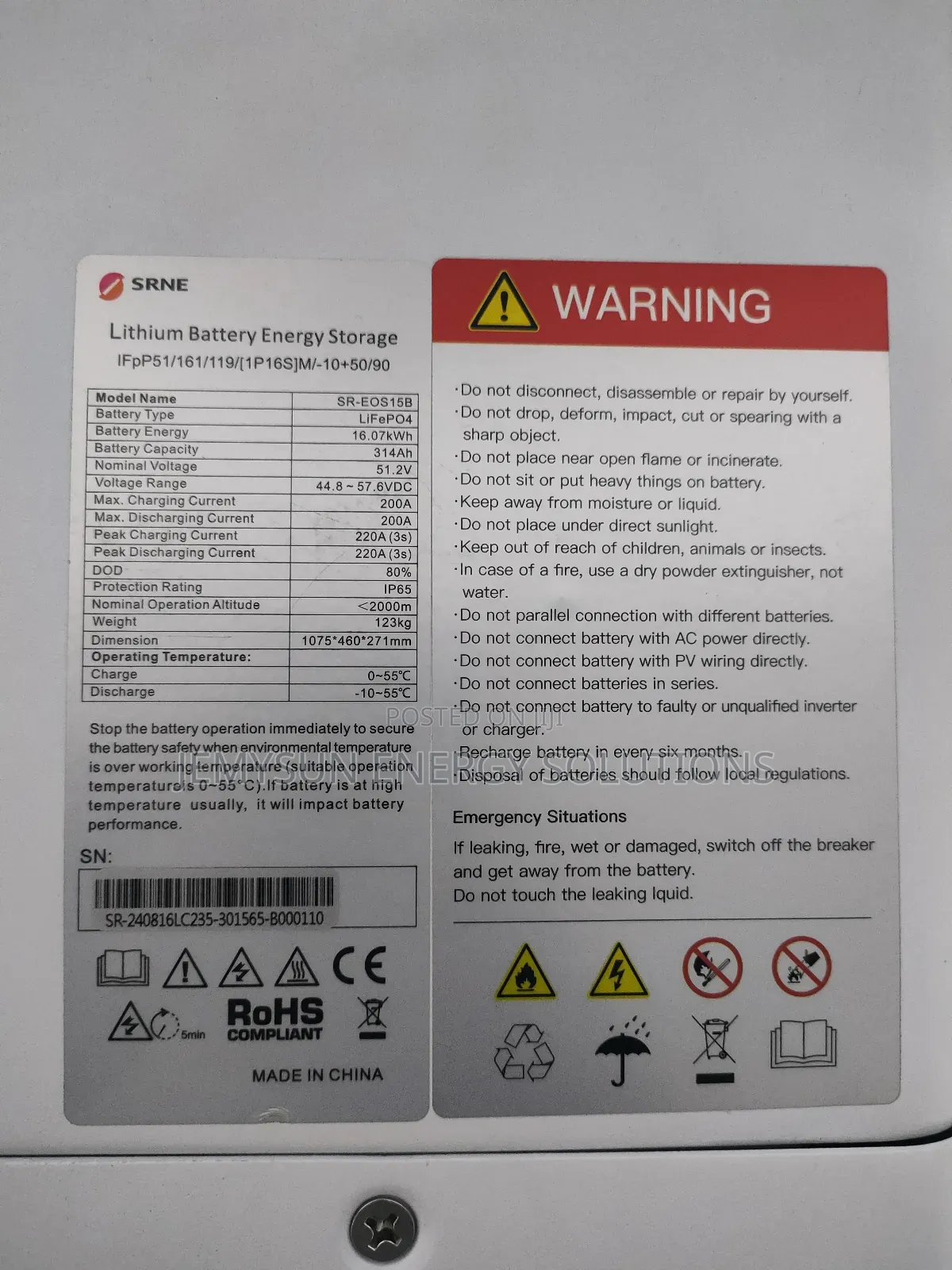 16.07kwh Srne Lithium Battery 48v 314ah