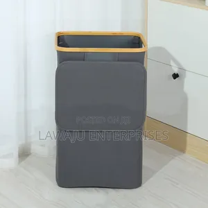 Grey Foldable Bamboo Laundry Basket With Lid