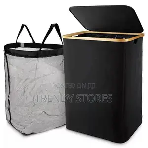 Black Bamboo Foldable Laundry Basket With Lid