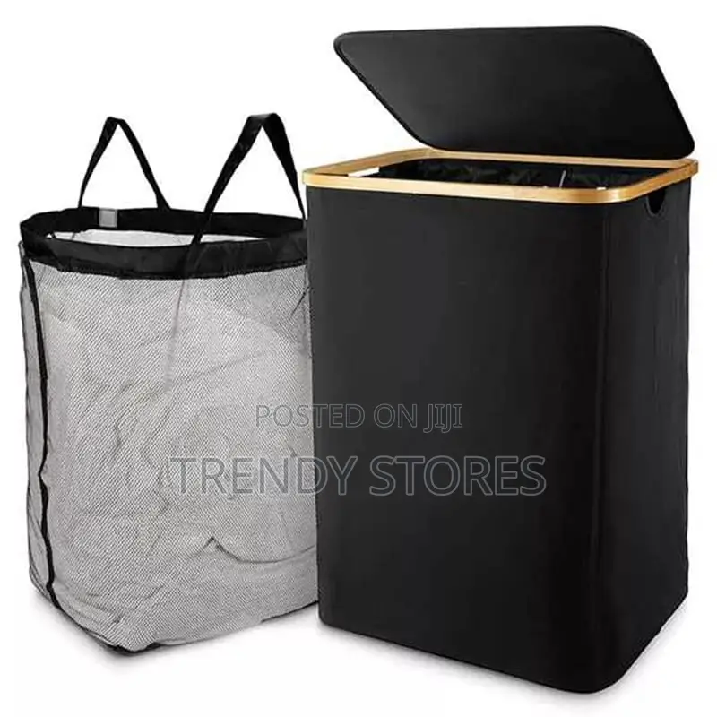 Black Bamboo Foldable Laundry Basket With Lid