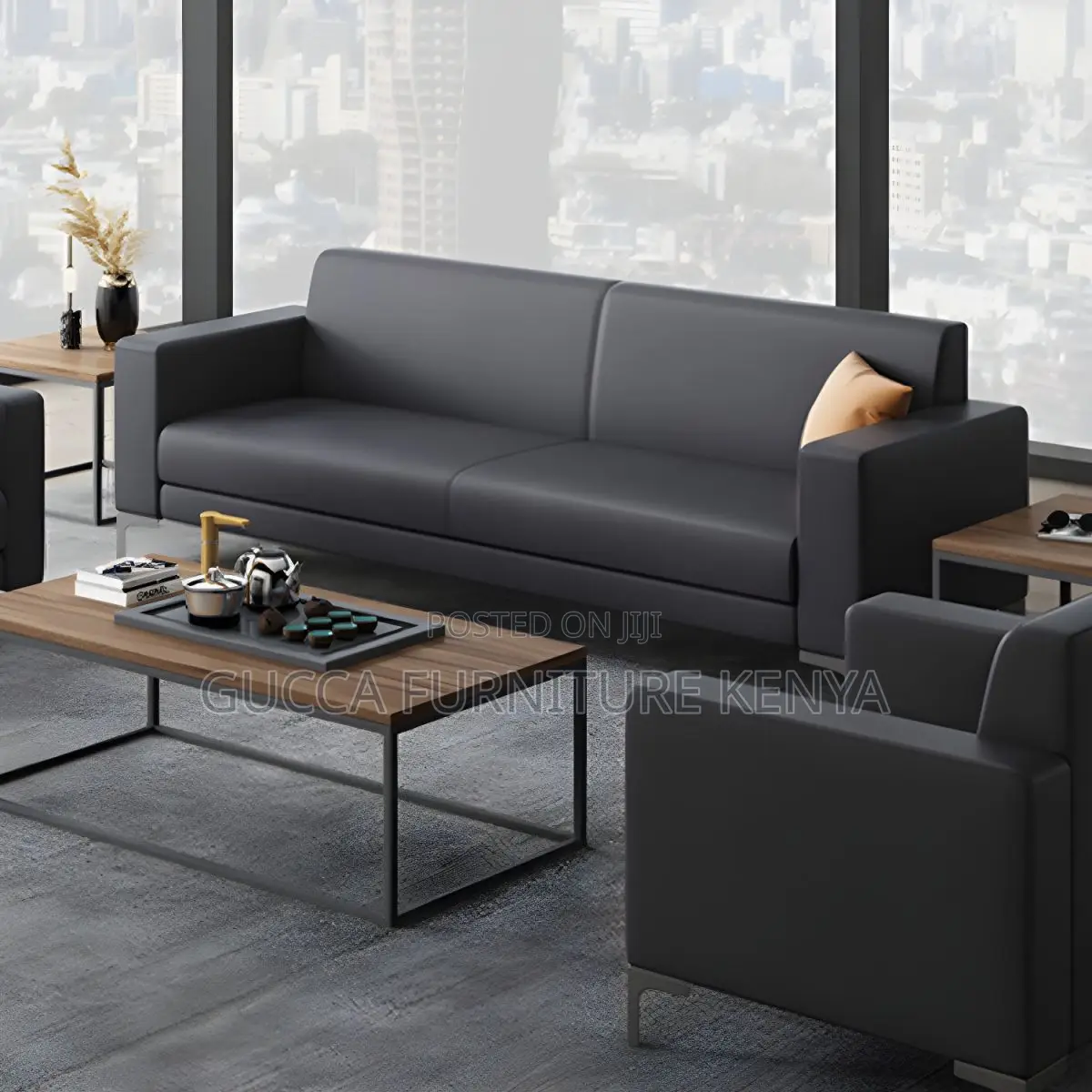 Sofas: Office Black 5-Seater Square Arm Sofa Set