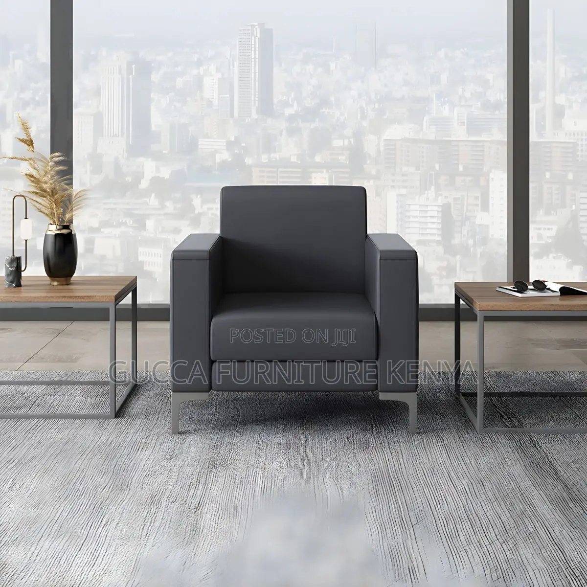 Sofas: Office Black 5-Seater Square Arm Sofa Set