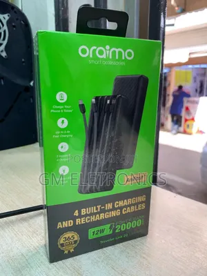 20000mah Power Bank With Attached Cables- Black.