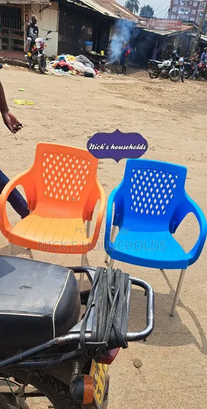 Blue and Orange Plastic Chairs With Armrests