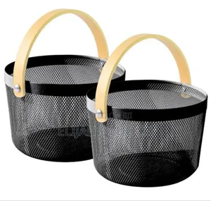 Round Pantry Mesh Wire Fruit Basket With Wooden Handle