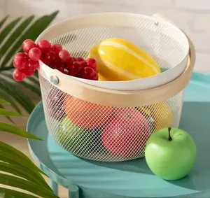 Round Pantry Mesh Wire Fruit Basket With Wooden Handle