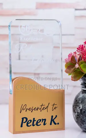Rectagular Crystal Award With Wooden Base
