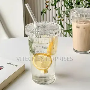 Simple Stripe Cup With Straw