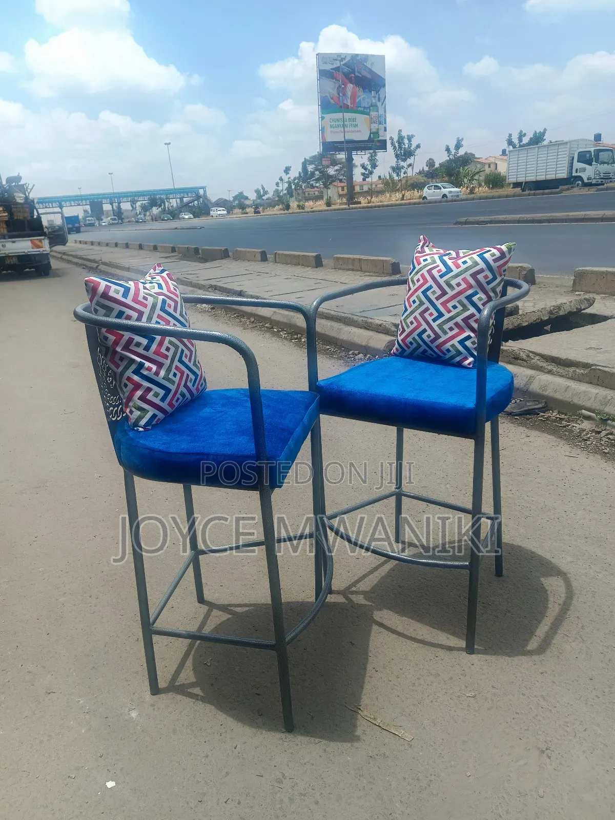 High Counter Stoool or Kitchen Stools, Blue With a Pillow 