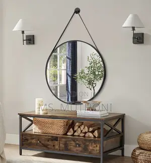 Round Hanging Mirror With Strap Decorative Wall Mirror 60cm*