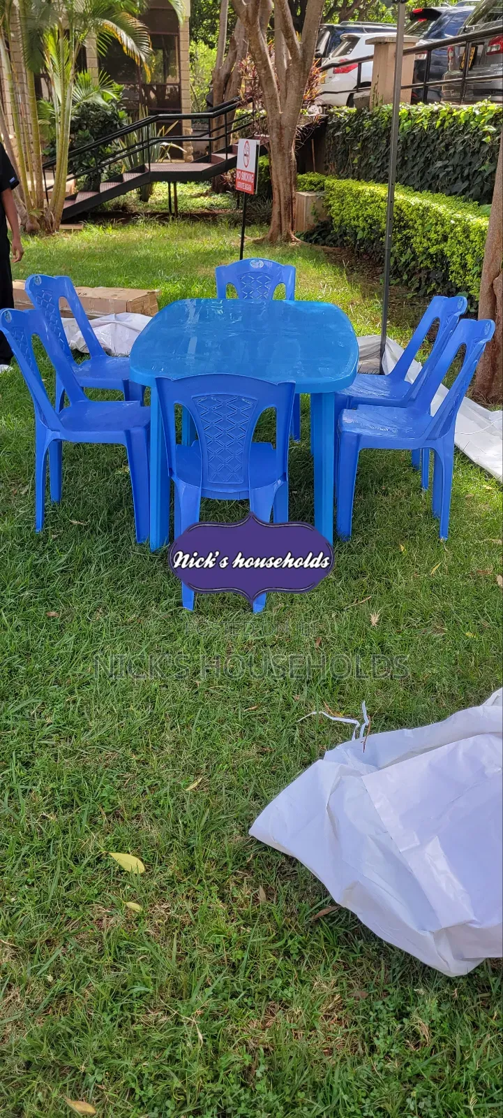 Rectangular Plastic Table With Six Plastic Armless Chairs