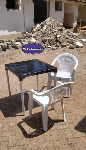 Plastic Chairs With Armrest + Plastic Table With Metal Legs