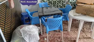 Black Plastic Table With Metal Legs + Plastic Chairs Set