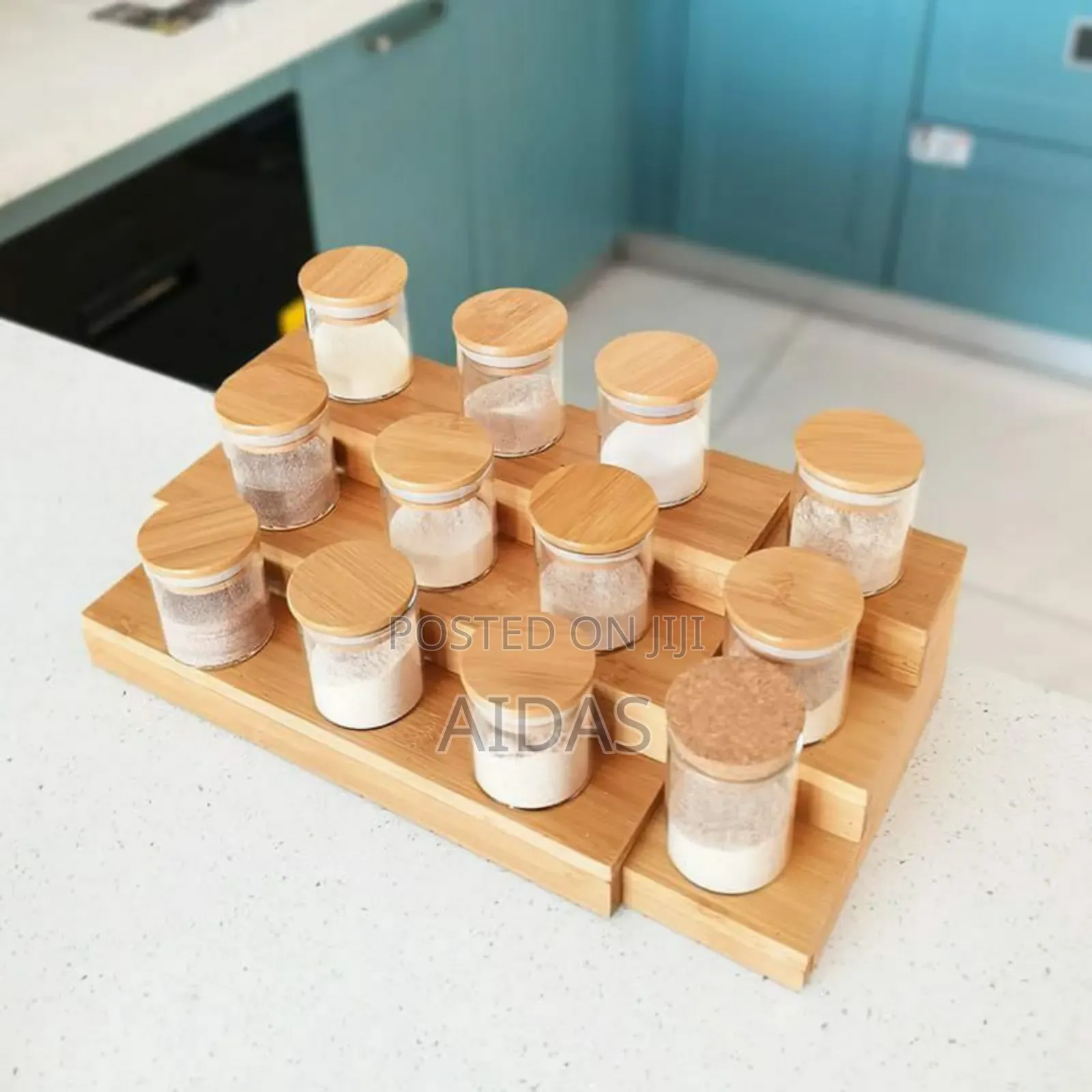 Expandable Wooden 3-Tier Rack With 12 Spice Jars