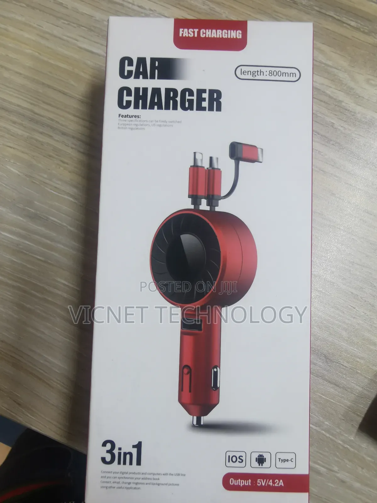 Fast Charge Car Adapter With Lightning, Usb C and Usb A