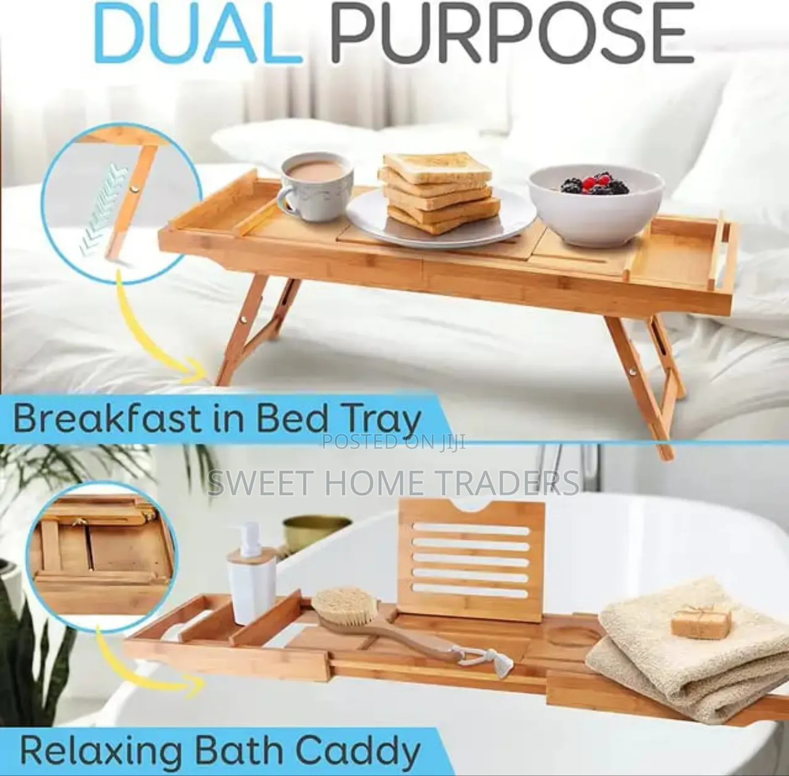 *Expandable Bamboo Breakfast Bed Table With Stands*